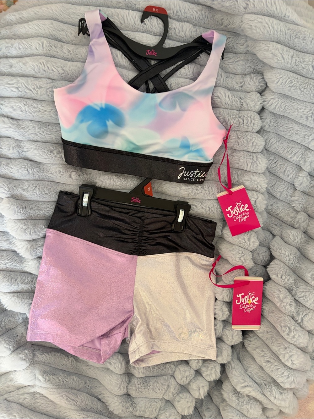 Justice Girls Pastel Tie-Dye Sports Bra & Metallic Colorblock Dance Shorts